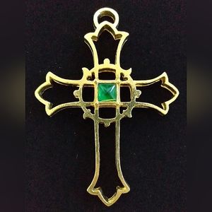 Vintage GORHAM gold tone cross pendant emerald green glass byzantine gothic